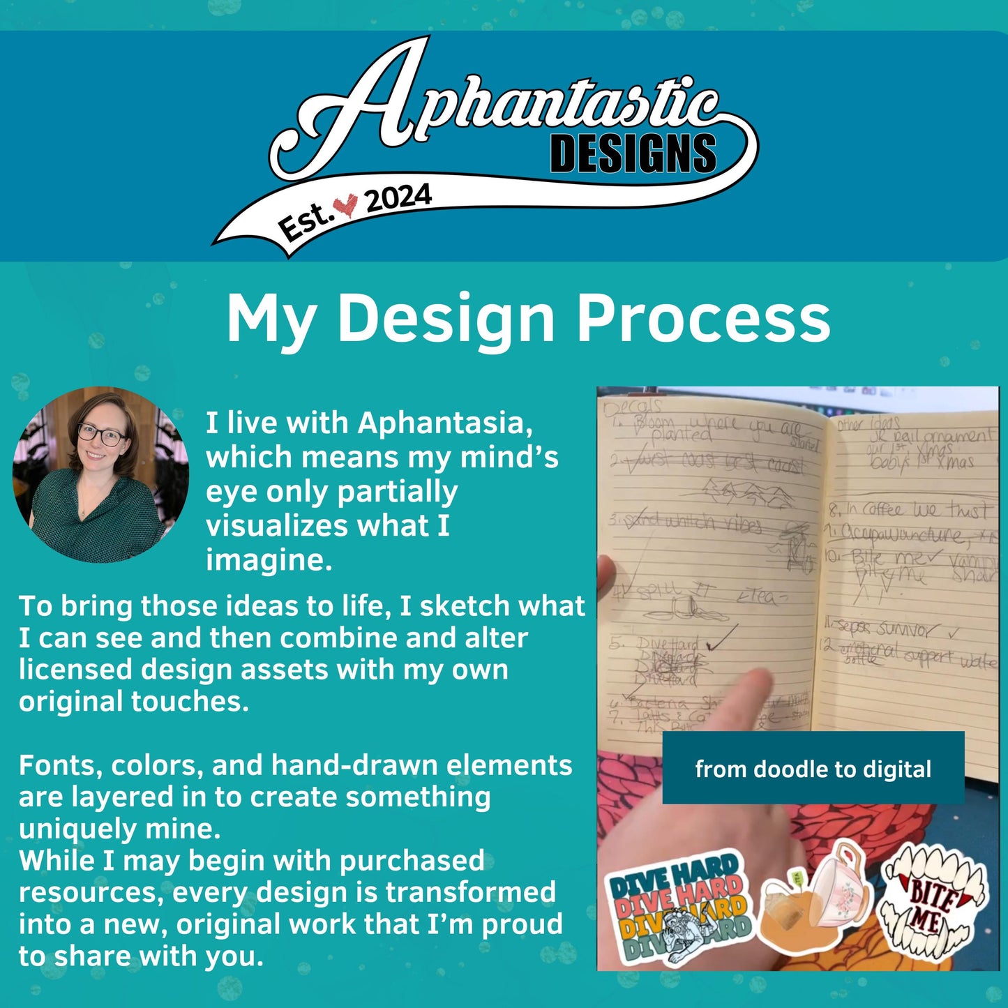 The image is a collage featuring a woman with glasses, a notebook, and various design-related elements such as doodles, hand-drawn elements, and text. The collage includes a caption describing the woman's design process, a hand holding a notebook, and a hand-drawn element. The image also includes a list of design-related terms and a description of the design process.