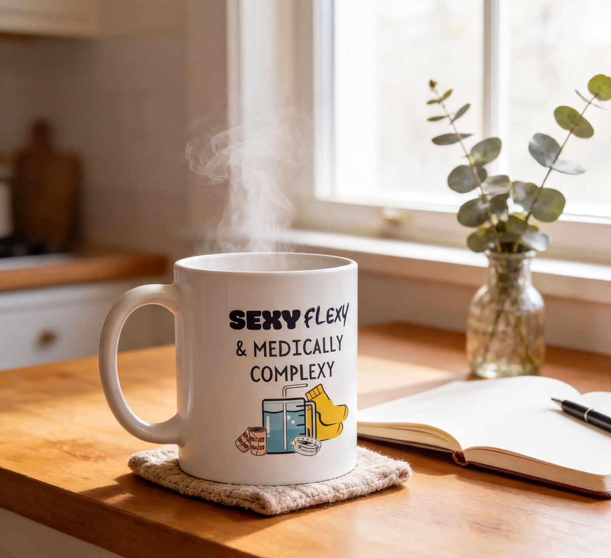 A white mug with a humorous text design sits on a wooden table, with steam rising from it. The mug is placed next to a notebook and a pen, suggesting a workspace or study area.