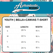 The image is a colorful and vibrant t-shirt size chart from the brand "Aphantastic Designs". The chart provides the size and corresponding width for different age groups, including "Youth", "S", "M", "XL", and "XL". The chart is designed to help customers determine the appropriate size for their age group based on the provided measurements.
