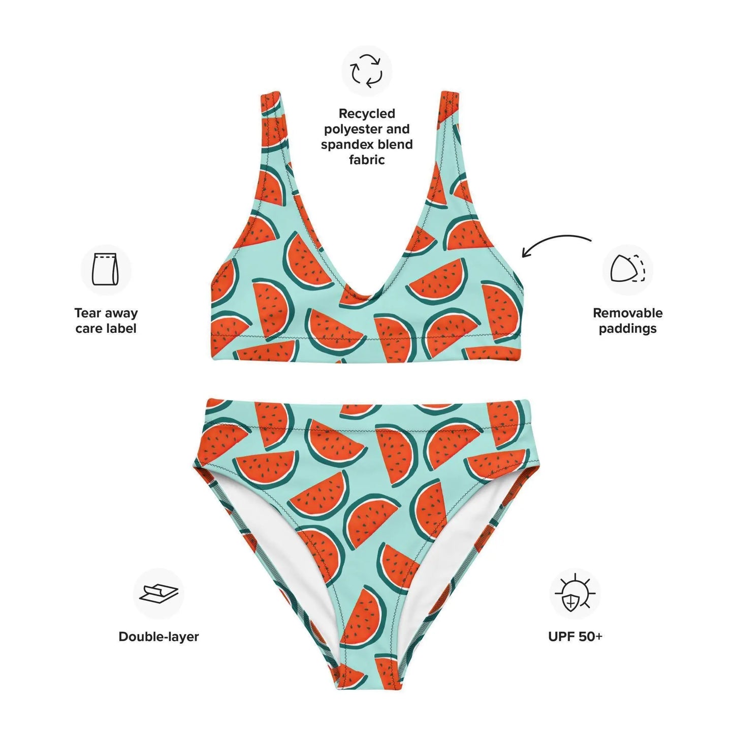 Cute Watermelon High Waisted Bikini or String Bikini Set Festival Teen Preteen Womens Swimsuit Recycled UPF 50+ Sun Protection 2XS–6XL Plus Aphantastic Designs