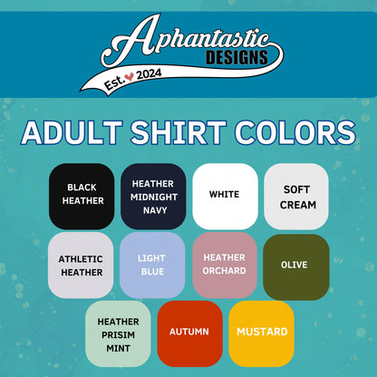 a collection of adult shirt colors, including black, navy, white, soft cream, athletic, light blue, olive, Heather, prism mint, autumn, mustard, and Heather.