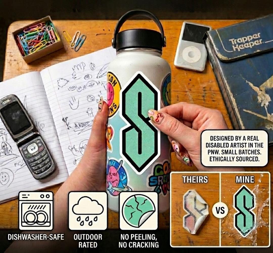 a person's hands holding a water bottle with a sticker on it, surrounded by various objects such as a cell phone, a notebook, and other items.