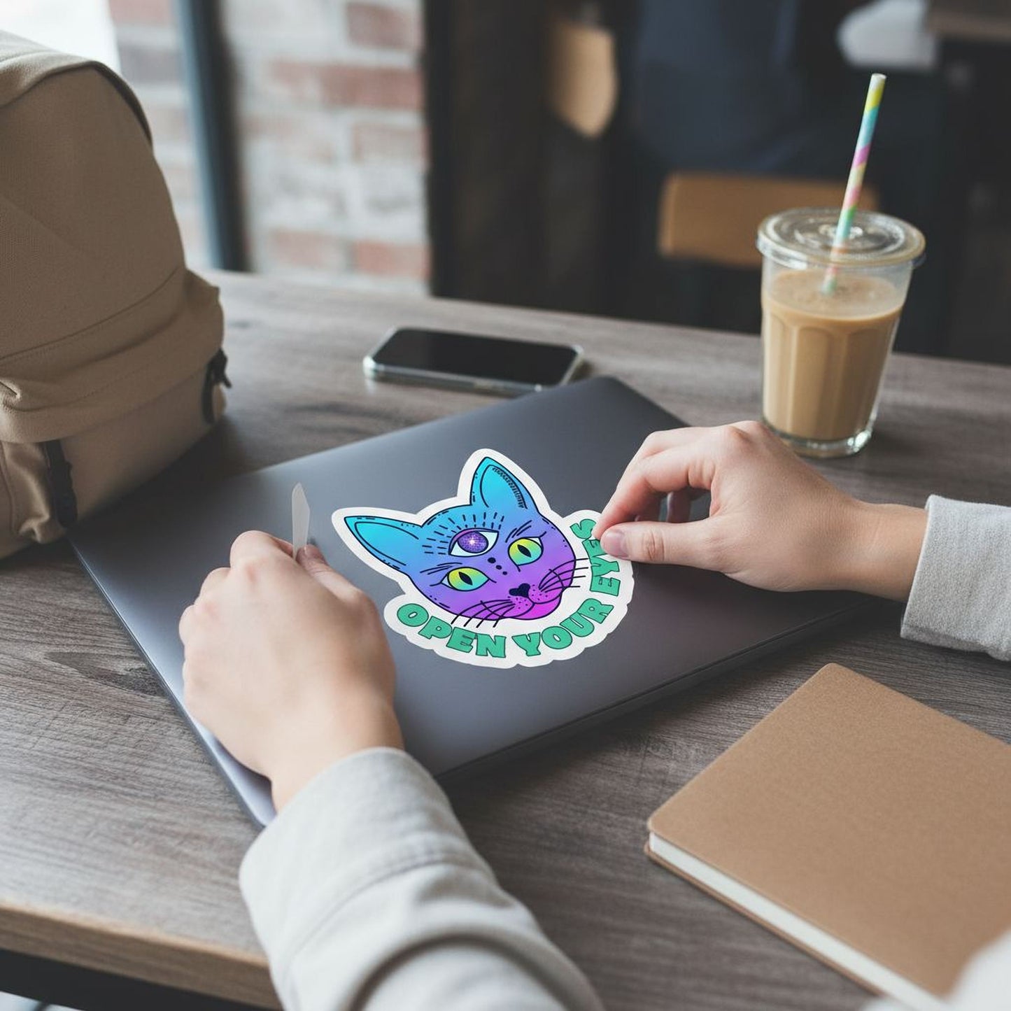 A person is sitting at a table, working on a laptop with a sticker featuring a cat's face and the text "OPEN YOUR EYES".