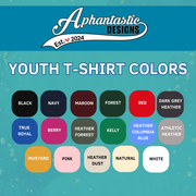 a collection of 16 different youth t-shirt colors, including black, navy, maroon, forest, red, dark grey, Heather, true royal, berry, kelly, columbia blue, athletic, Heather, mustard, pink, natural, and white.