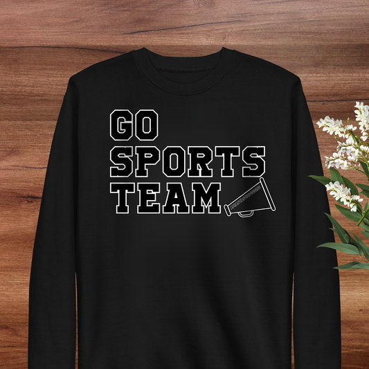 A black long-sleeved shirt with the text "GO SPORTS TEAM" printed on it.