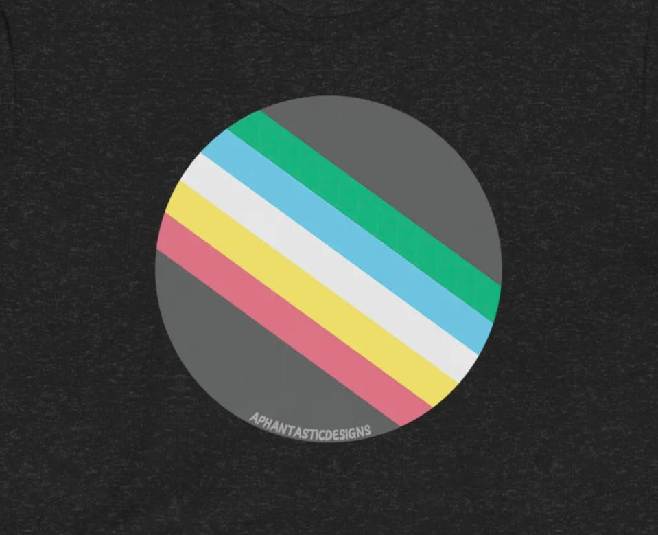 A black t-shirt with a colorful circular graphic design on it.