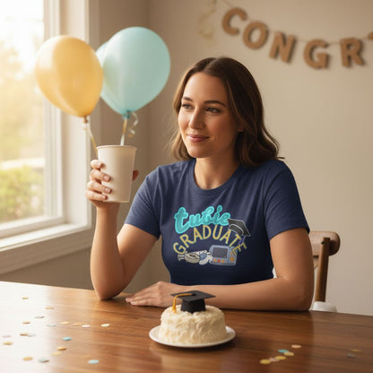 A woman in a blue graduation t-shirt is sitting at a table with a cake and two balloons, celebrating her graduation.