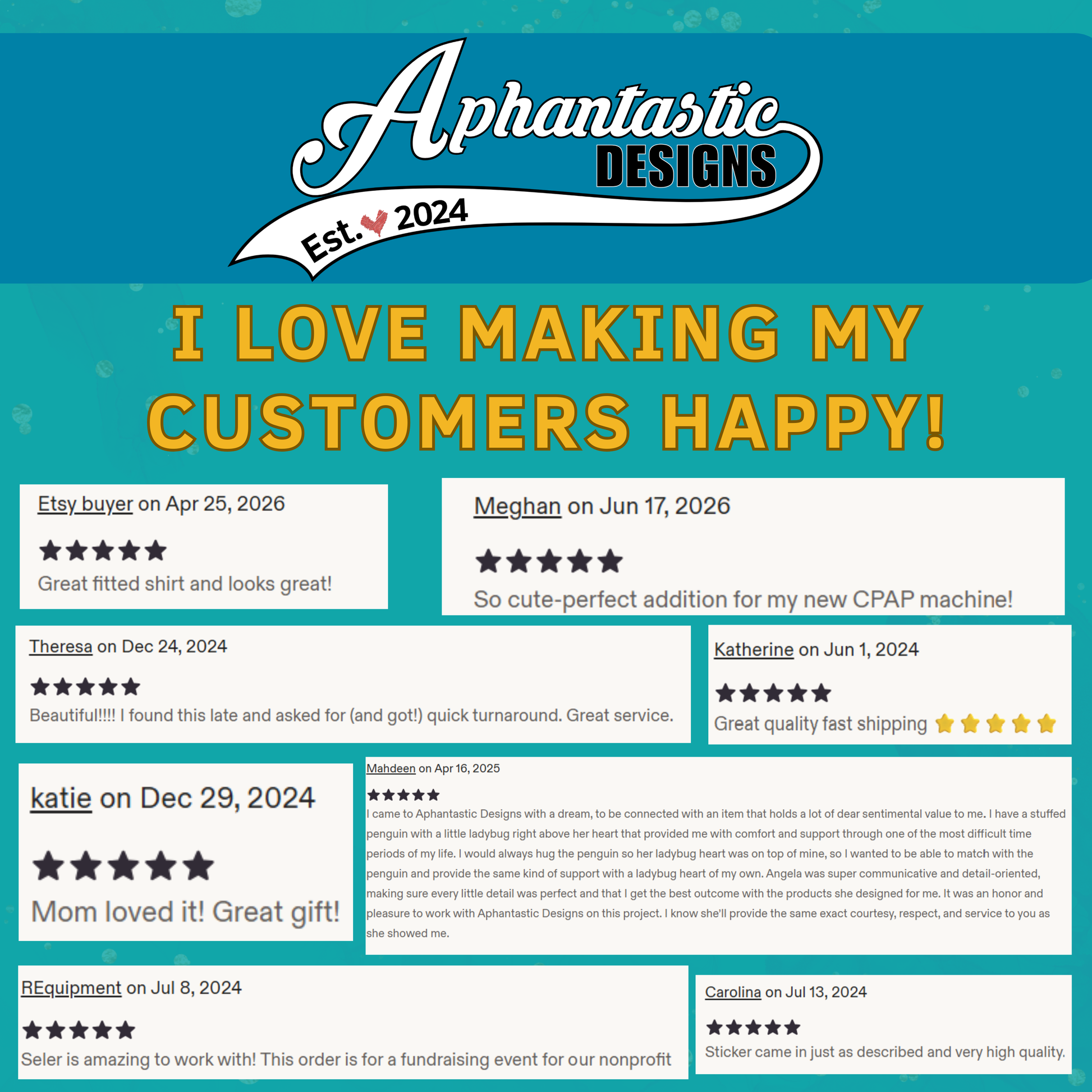 The image is a promotional graphic for a company called "Aphantastic Designs" that features customer reviews and feedback.