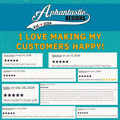 The image is a promotional graphic for a company called "Aphantastic Designs" that features customer reviews and feedback.