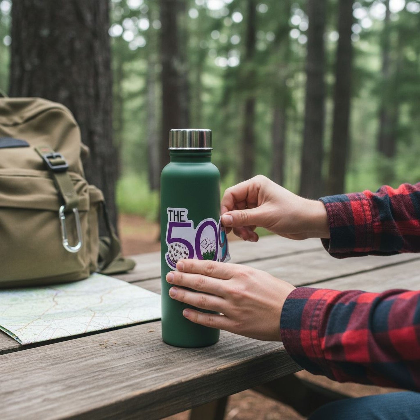 A person is sitting at a picnic table in a forest, holding a green water bottle with a sticker on it.