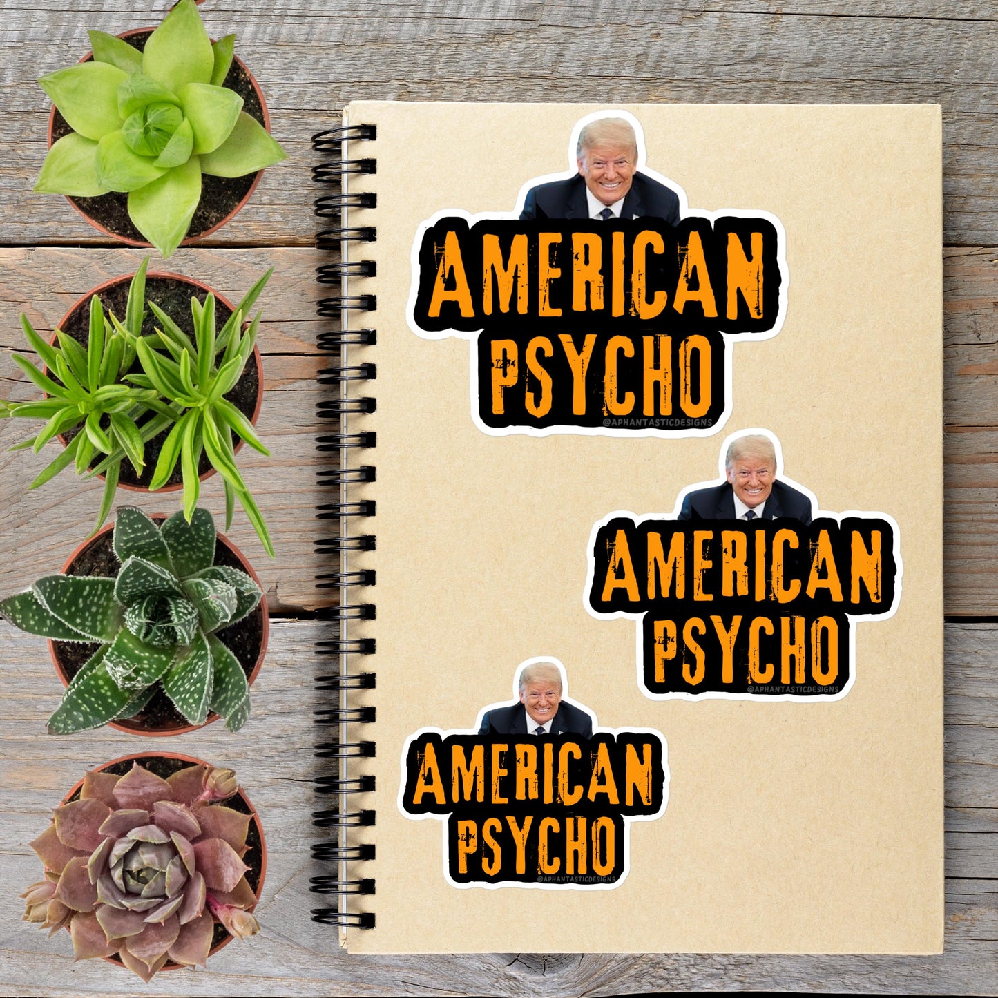 a spiral notebook with stickers on it, along with several potted plants arranged on a wooden surface.
