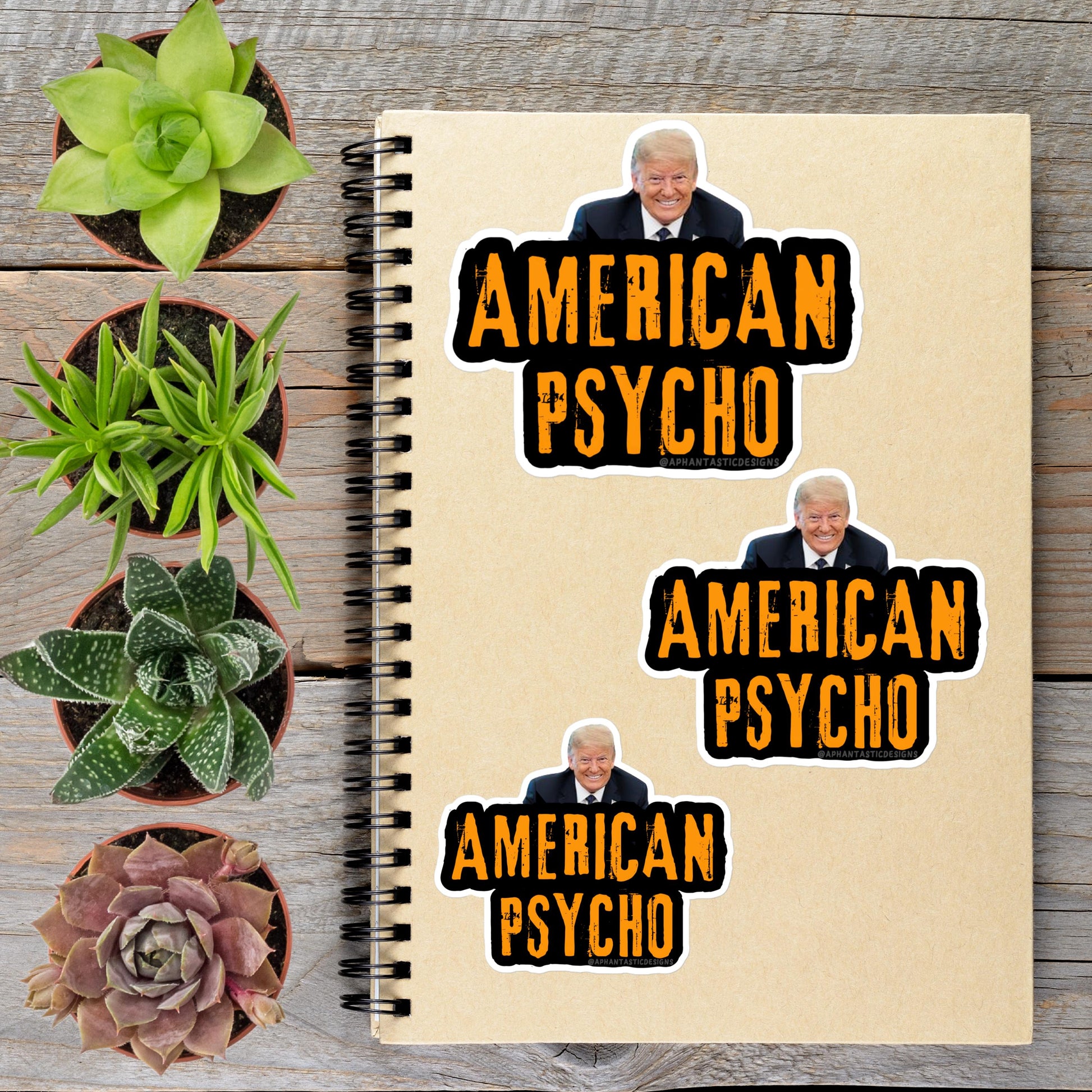 a spiral notebook with stickers on it, along with several potted plants arranged on a wooden surface.