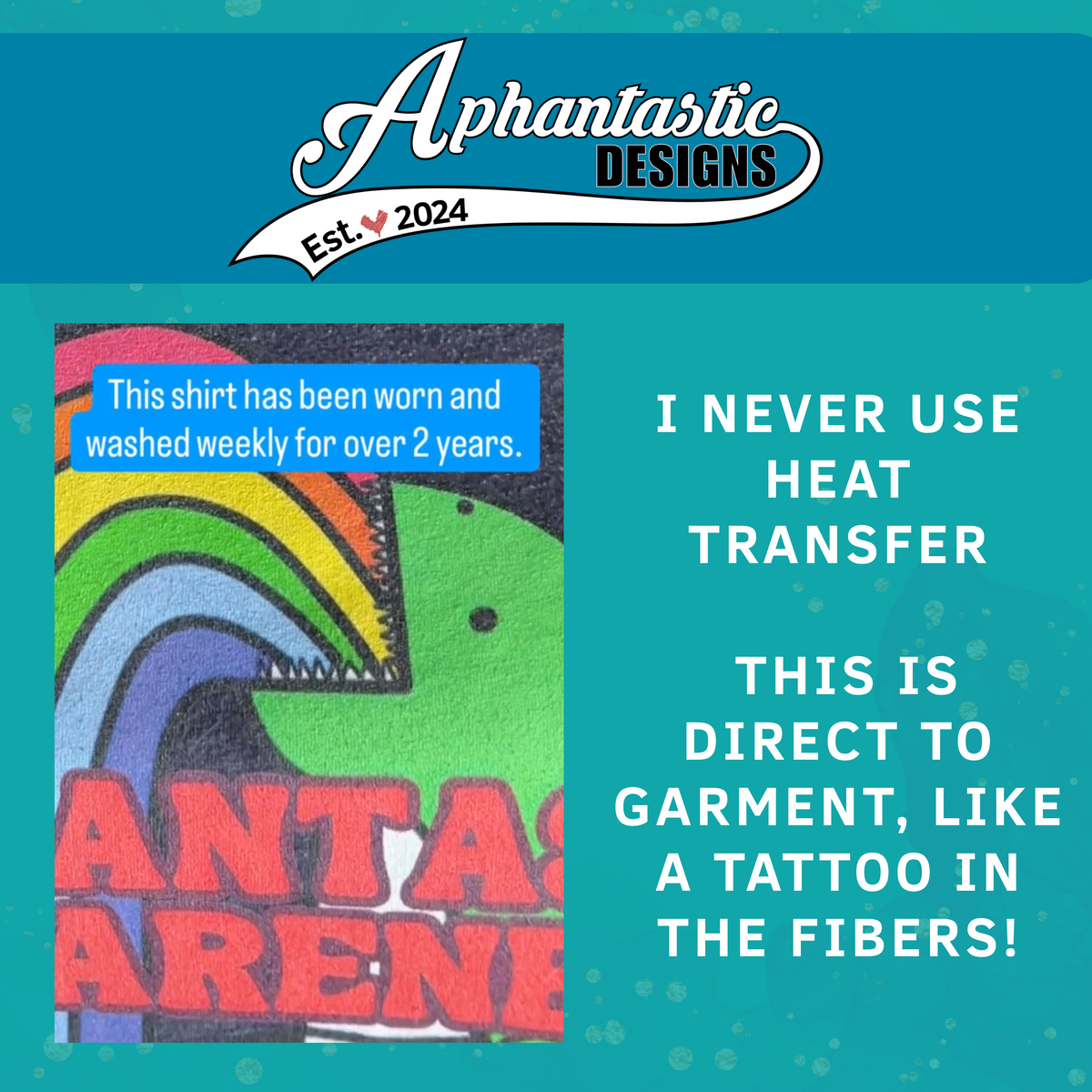 The image is a collage of two images. The first image is a colorful graphic with the text "SANDWICH" and "SANDWICH ARENEL" written on it. The second image is a close-up of a shirt with the text "I NEVER USE HEAT TRANSFER" and "THIS IS DIRECT TO GARMENT, LIKE A TATTOO IN THE FIBERS!"