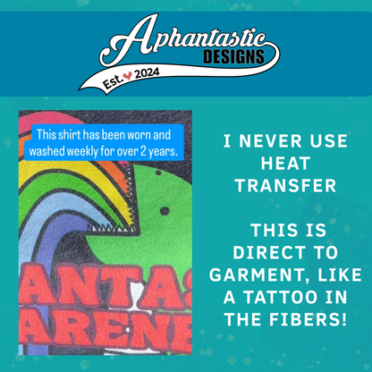 The image is a collage of two images. The first image is a colorful graphic with the text "SANDWICH" and "SANDWICH ARENEL" written on it. The second image is a close-up of a shirt with the text "I NEVER USE HEAT TRANSFER" and "THIS IS DIRECT TO GARMENT, LIKE A TATTOO IN THE FIBERS!"
