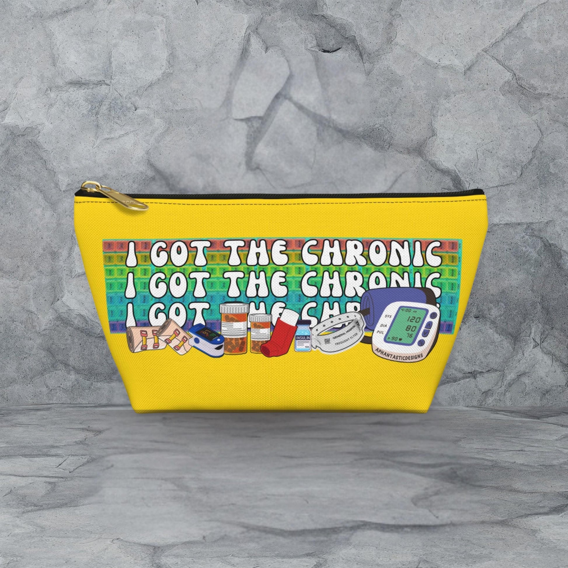 A yellow cosmetic bag with a printed message on it.