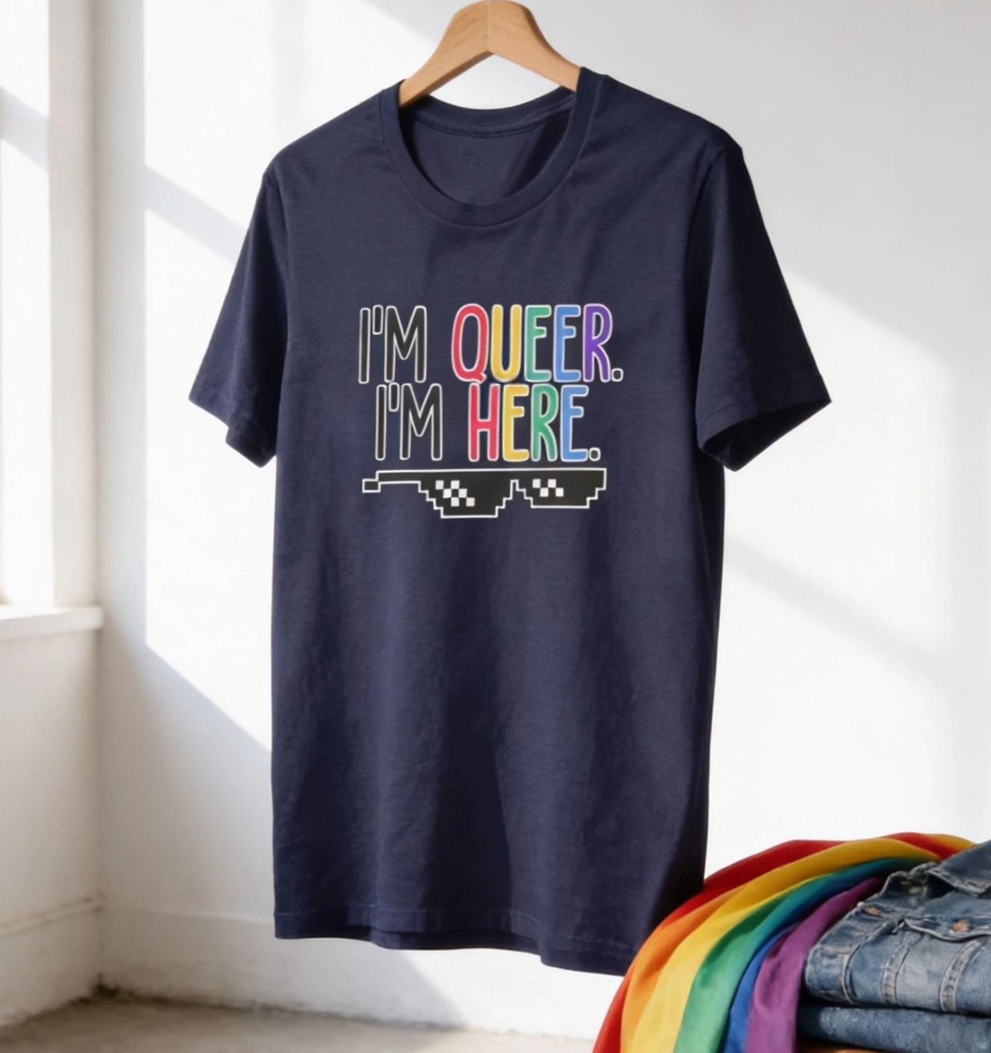 A navy blue t-shirt with the text "I'm queer. I'm here" printed on it, along with a graphic of a pair of sunglasses.