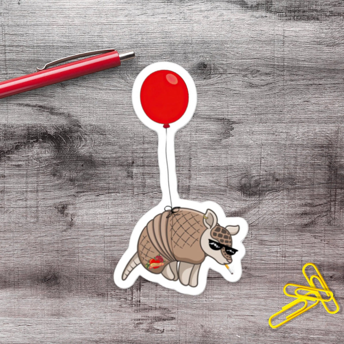 Armadillo Red Balloon Vinyl Sticker - Aphantastic Designs