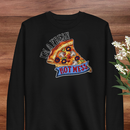 A black long-sleeved shirt with a graphic design depicting a slice of pizza with various toppings, accompanied by the text "I'm a fresh hot mess".