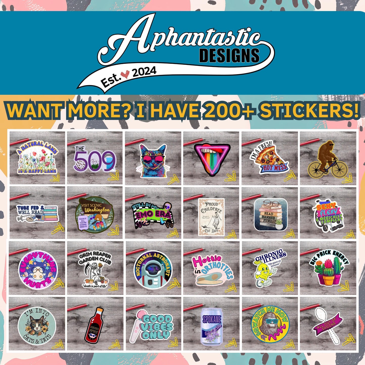 The image is a collage of various colorful stickers and logos, including a bicycle, a bear, and other abstract designs.