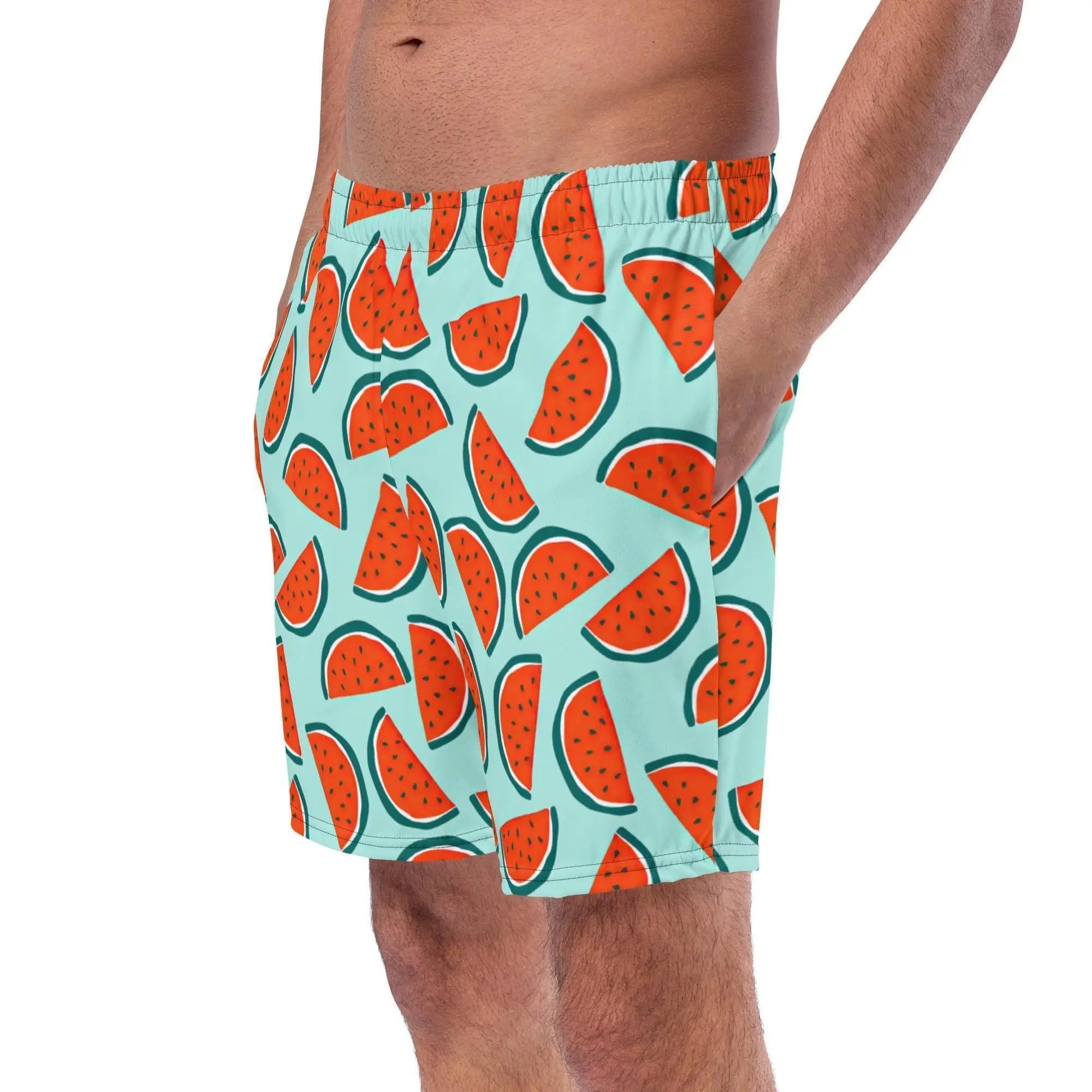 Watermelon Swim Trunks Allover Print Recycled Swim Shorts with Pockets Mid Length Regular Fit Swimsuit UPF 50+ Sun Protection 2XS–6XL Plus Aphantastic Designs