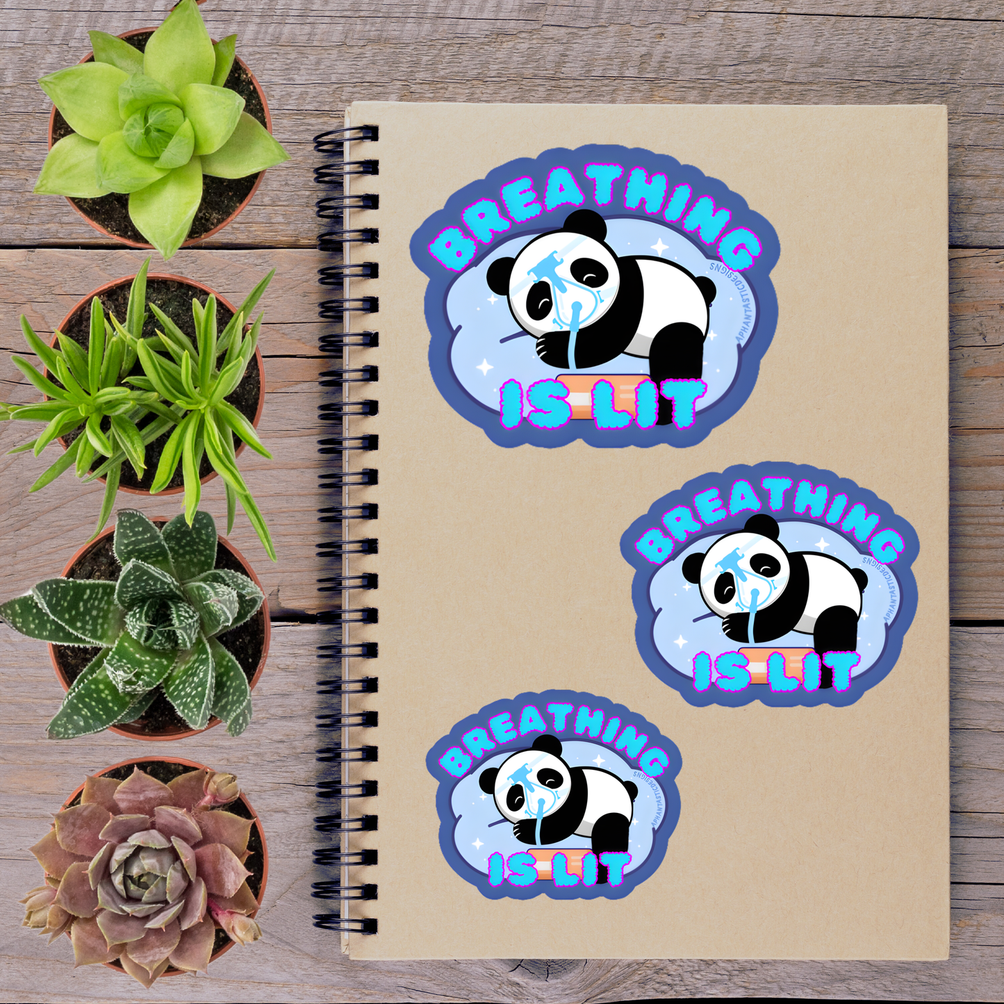 a spiral-bound notebook with three stickers on it, along with several potted plants arranged on a wooden surface.
