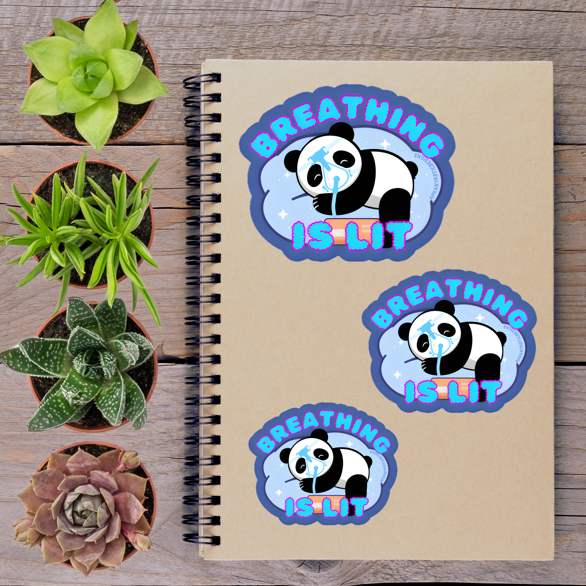 a spiral-bound notebook with three stickers on it, along with several potted plants arranged on a wooden surface.