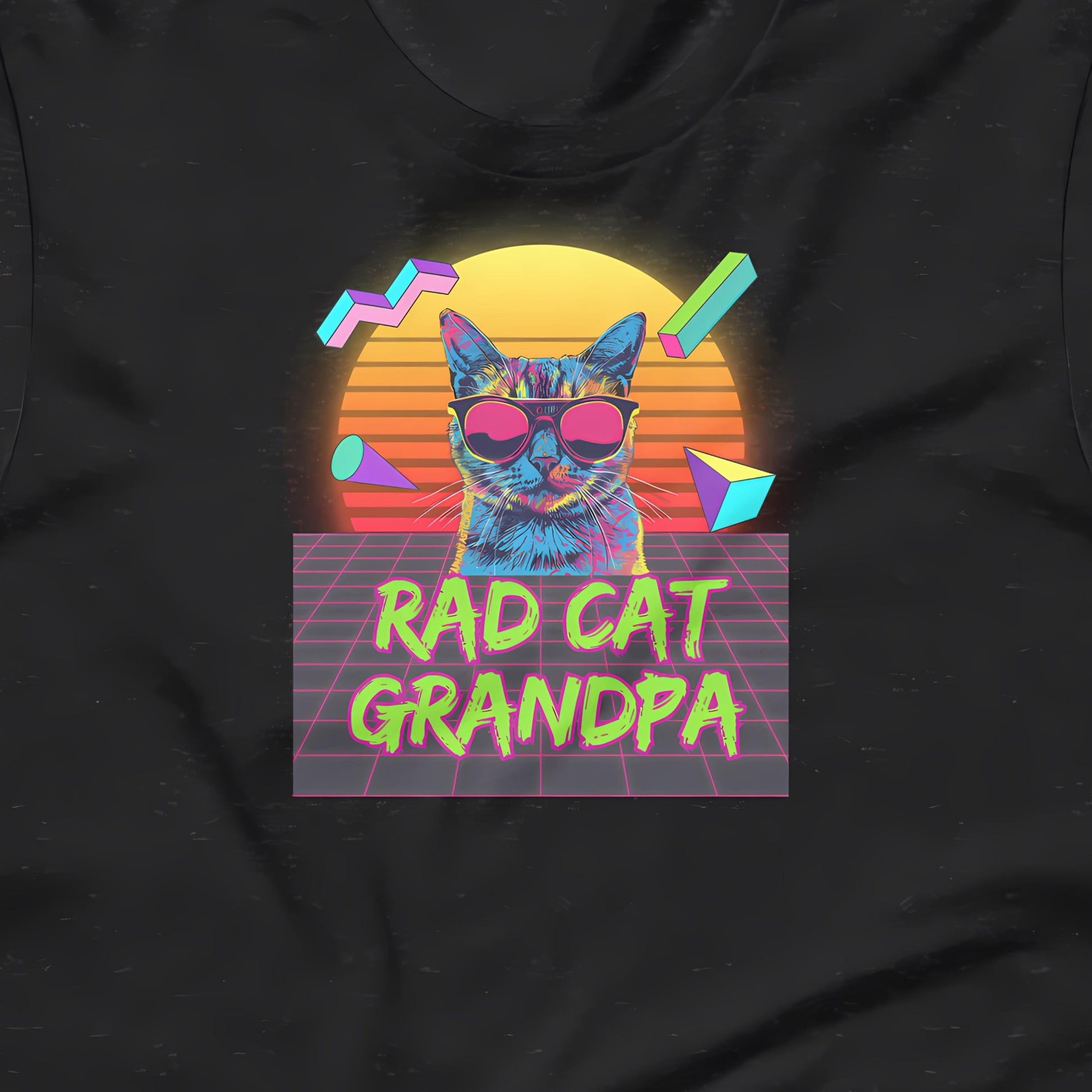 A black t-shirt with a graphic design featuring a cat wearing sunglasses and surrounded by geometric shapes, with the text "RAD CAT GRANDPA" below.
