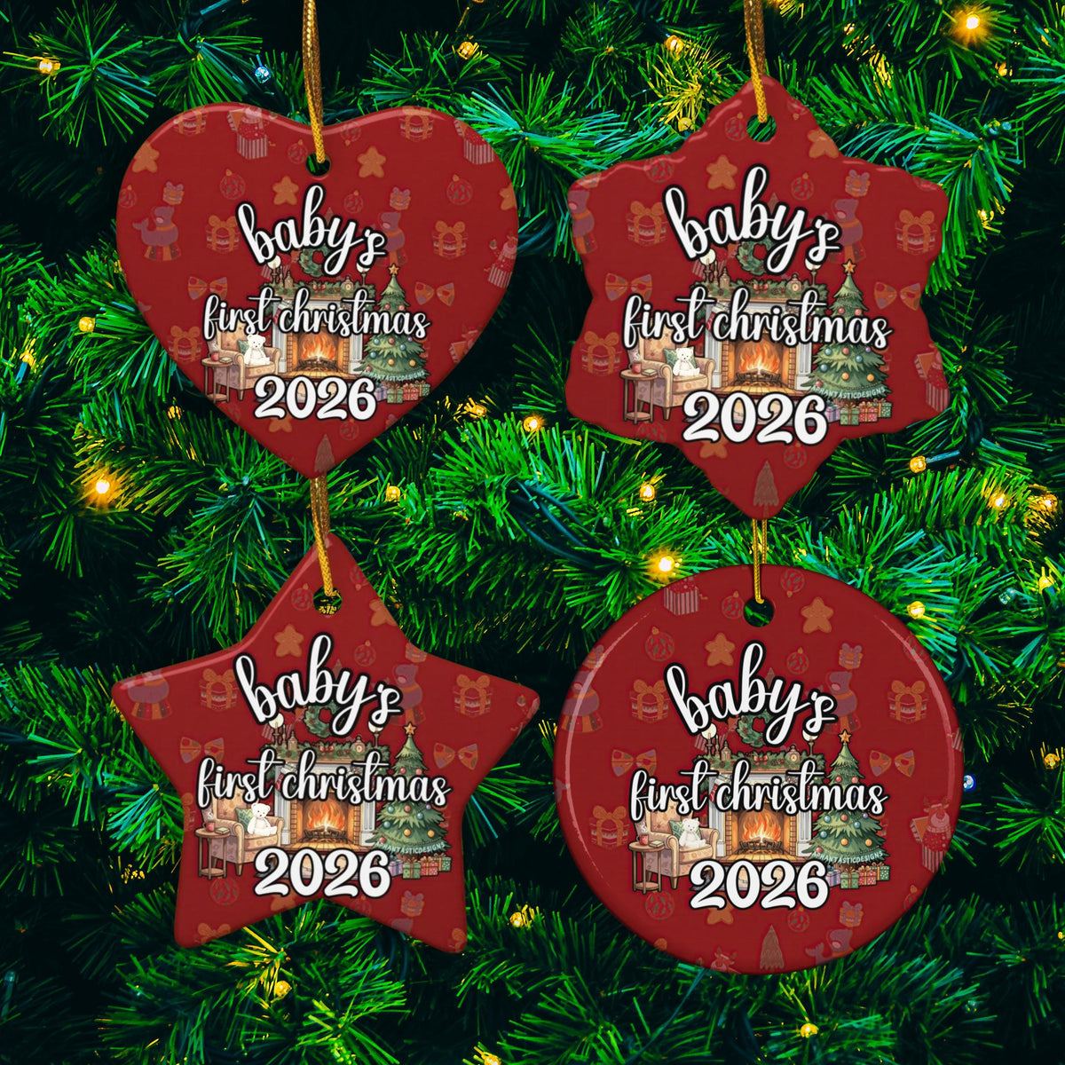 four red Christmas ornaments hanging on a tree, each with the text "baby's first christmas 2026" printed on them.