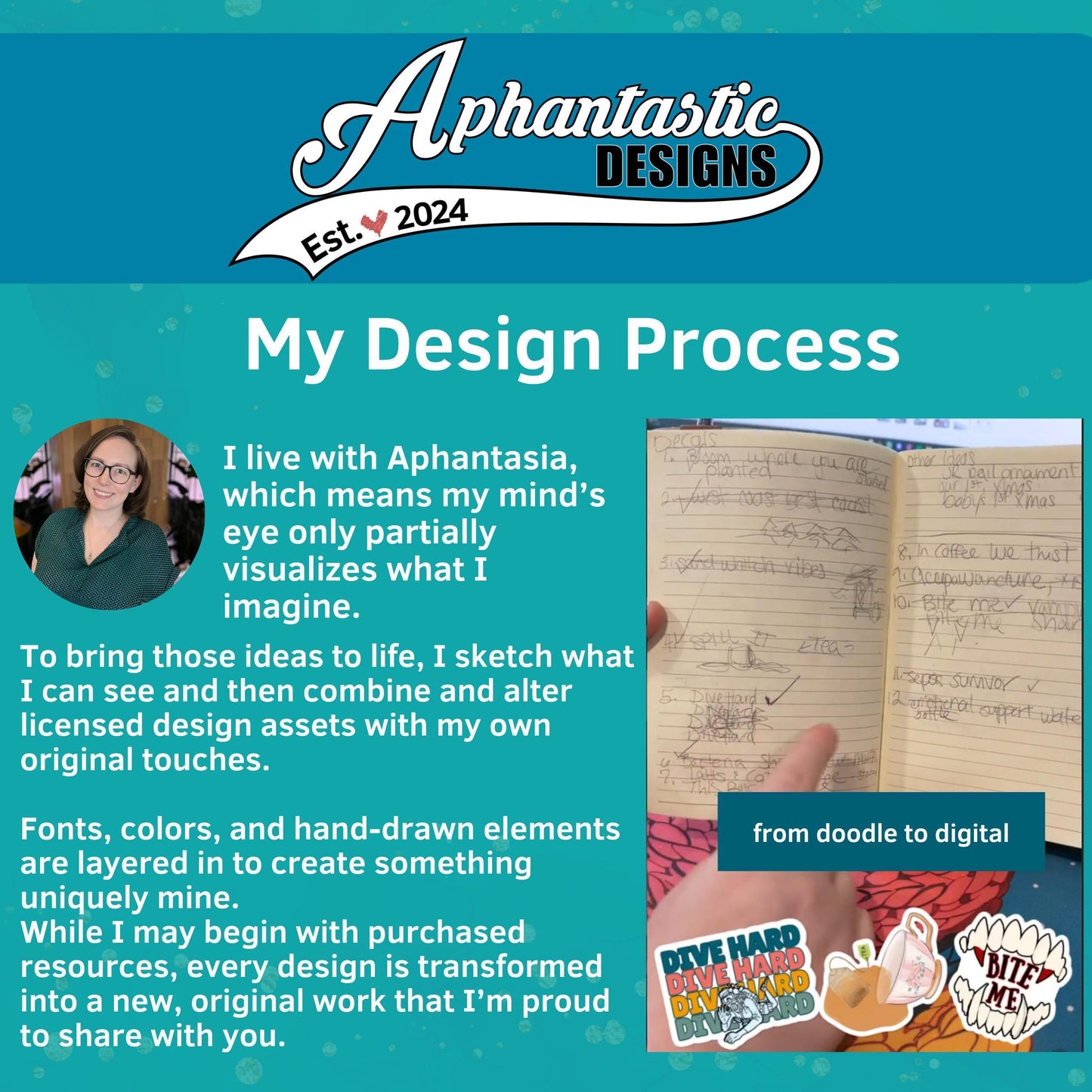 The image is a promotional graphic for a design company named Aphantasia. It features a hand holding a notebook filled with handwritten notes, and a sketch of a hand drawing on a piece of paper. The text on the image provides information about the company's design process and how they bring their ideas to life.