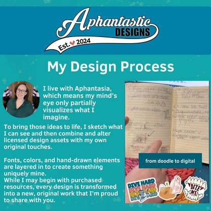 The image is a promotional graphic for a design company named Aphantasia. It features a hand holding a notebook filled with handwritten notes, and a sketch of a hand drawing on a piece of paper. The text on the image provides information about the company's design process and how they bring their ideas to life.