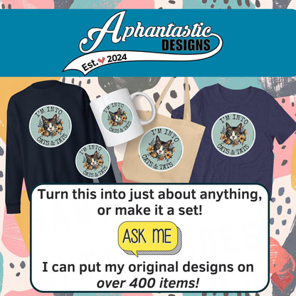 The image is an advertisement for a clothing line called "Aphantastic Designs" that features a variety of items such as t-shirts, mugs, and bags. The ad includes a message encouraging people to turn the items into something else or make a set, and it invites viewers to ask for their original designs.