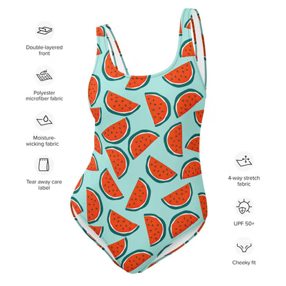 Watermelon One Piece Modest Swimsuit Teen Preteen Swimming Suit Ladies Bathing Suit Festival Rave UPF 50+ Sun Protection 4WayStretch XS–3XL Aphantastic Designs