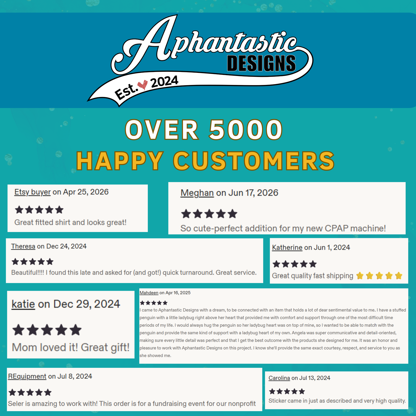 The image is a screenshot of a website featuring customer reviews and feedback for a company called "Aphantastic Designs". The reviews are from customers who have purchased products from the company, and they express satisfaction with the products and the customer service. The website also displays a list of customer reviews and a description of the company's products.