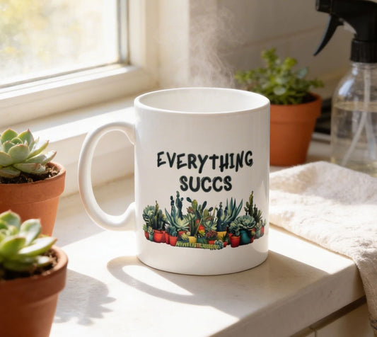 A white mug with the text "EVERYTHING SUCCESS" printed on it, surrounded by illustrations of various potted plants.