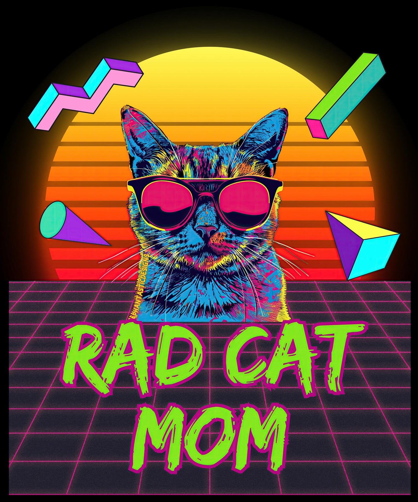 The image is a vibrant and colorful illustration featuring a cat wearing sunglasses, with geometric shapes and a neon-style background.