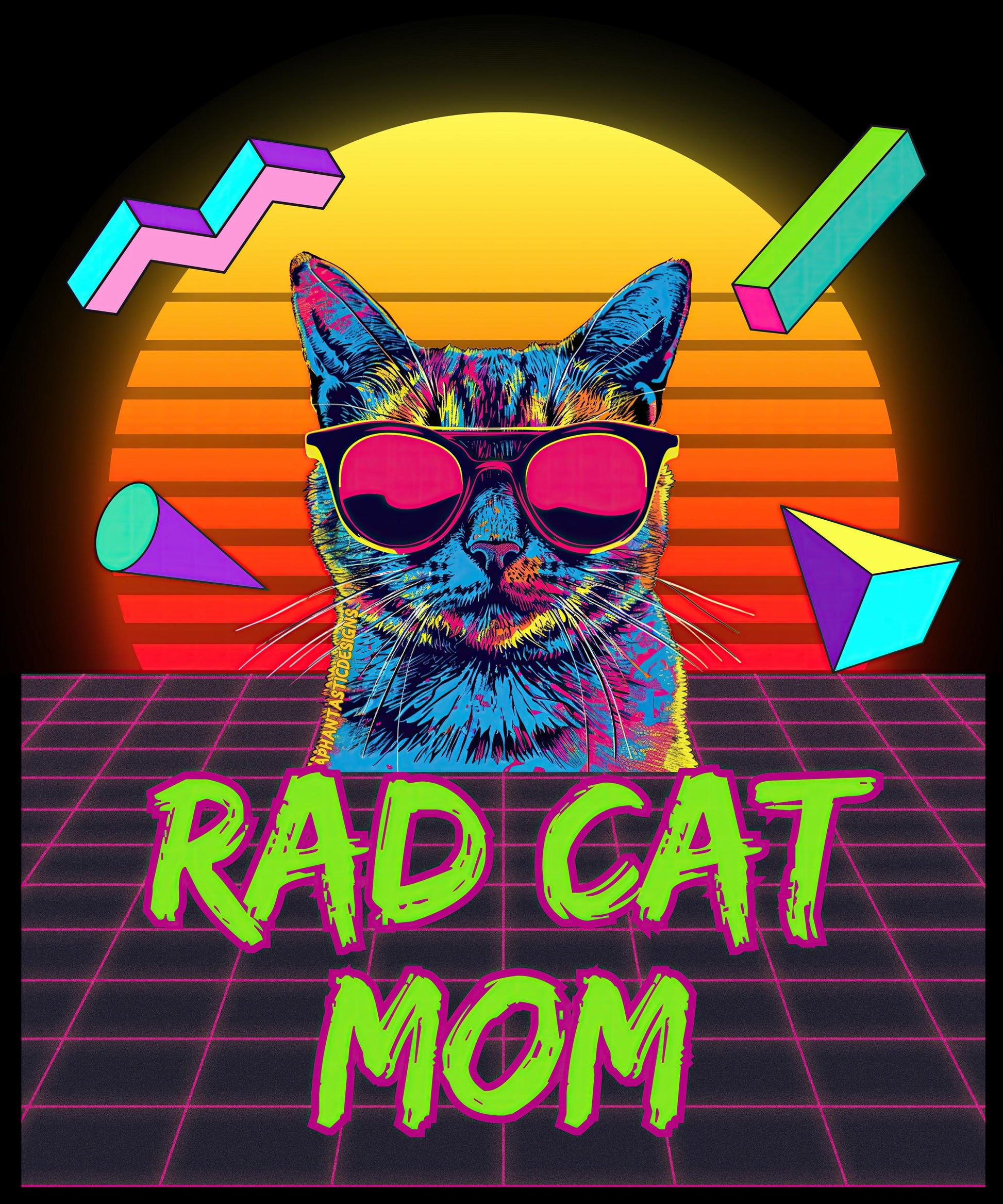 The image is a vibrant and colorful illustration featuring a cat wearing sunglasses, with geometric shapes and a neon-style background.