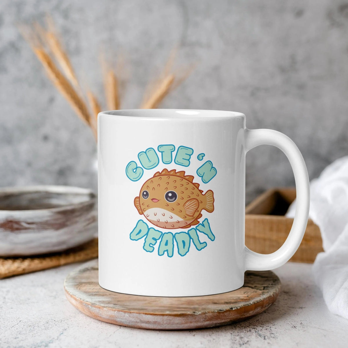 Cute N Deadly Puffer Fish Mug | Ceramic, Left Hand Friendly, & Dishwasher Safe - Aphantastic Designs