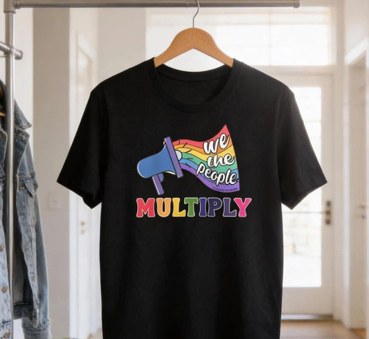 A black t-shirt with a colorful graphic design and text printed on it.