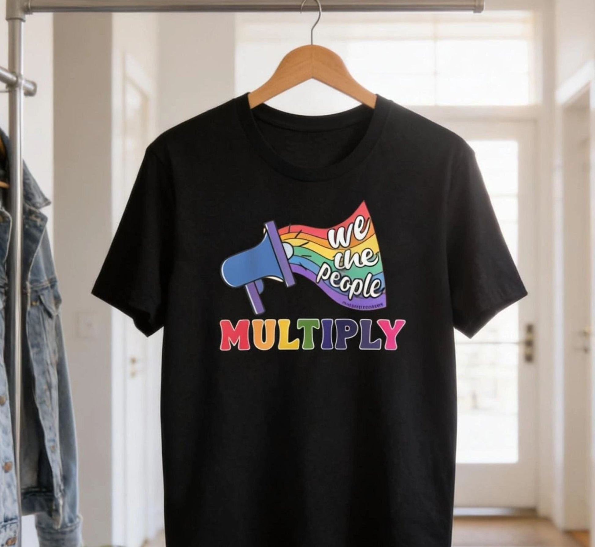 A black t-shirt with a colorful graphic design and text printed on it.