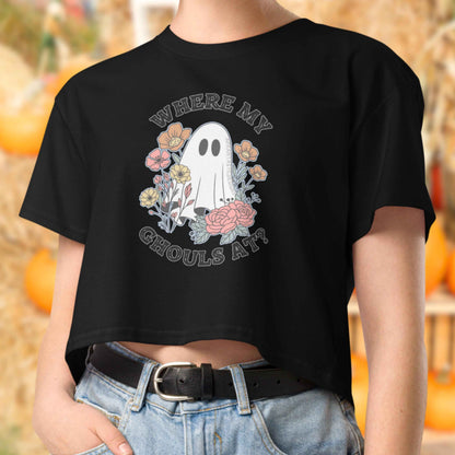 Where My Ghouls At Ghost Halloween Crop Top Baby Tee