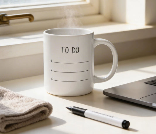 A white mug with the phrase "TO DO" written on it, placed on a desk next to a laptop and a pen.