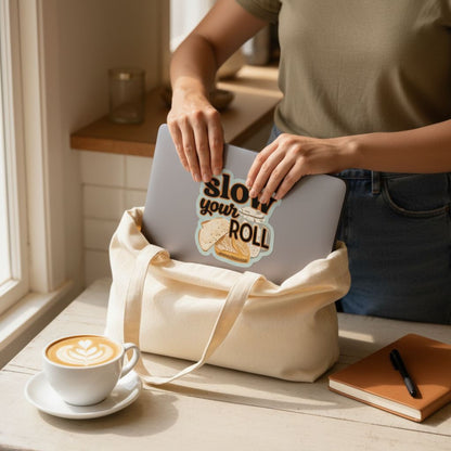 A person is holding a laptop with a sticker on it, which says "Slow your roll". The laptop is placed in a beige tote bag, and there is a cup of coffee and a notebook on the table.