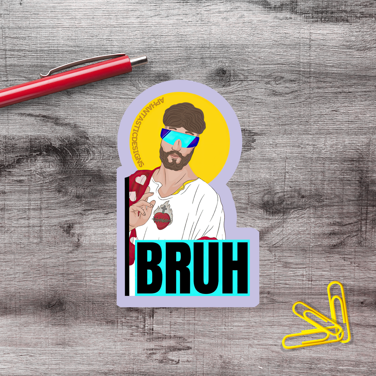 A sticker depicting a man with a beard wearing sunglasses and a white shirt, with the word "BRUH" written below.