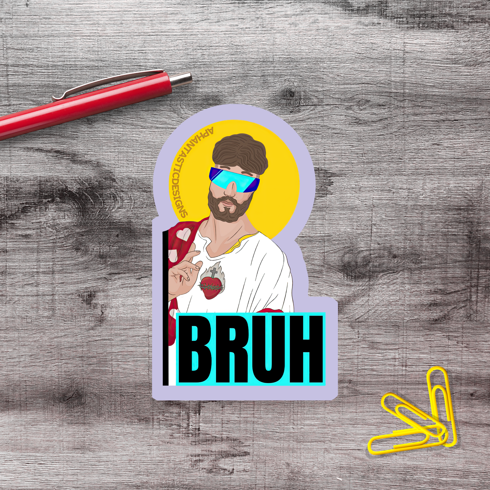 A sticker depicting a man with a beard wearing sunglasses and a white shirt, with the word "BRUH" written below.