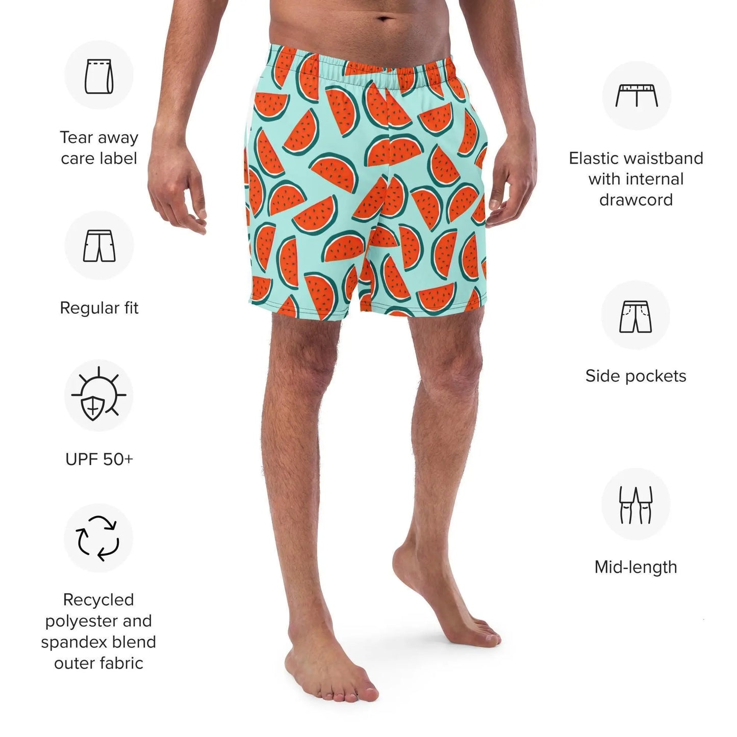 Watermelon Swim Trunks Allover Print Recycled Swim Shorts with Pockets Mid Length Regular Fit Swimsuit UPF 50+ Sun Protection 2XS–6XL Plus Aphantastic Designs