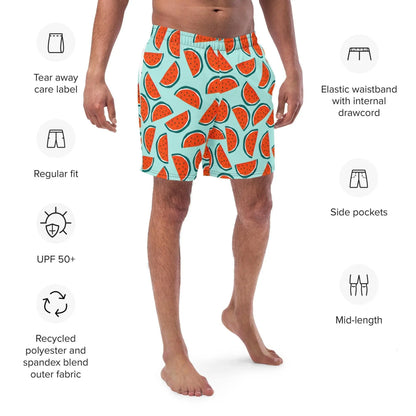 Watermelon Swim Trunks Allover Print Recycled Swim Shorts with Pockets Mid Length Regular Fit Swimsuit UPF 50+ Sun Protection 2XS–6XL Plus Aphantastic Designs