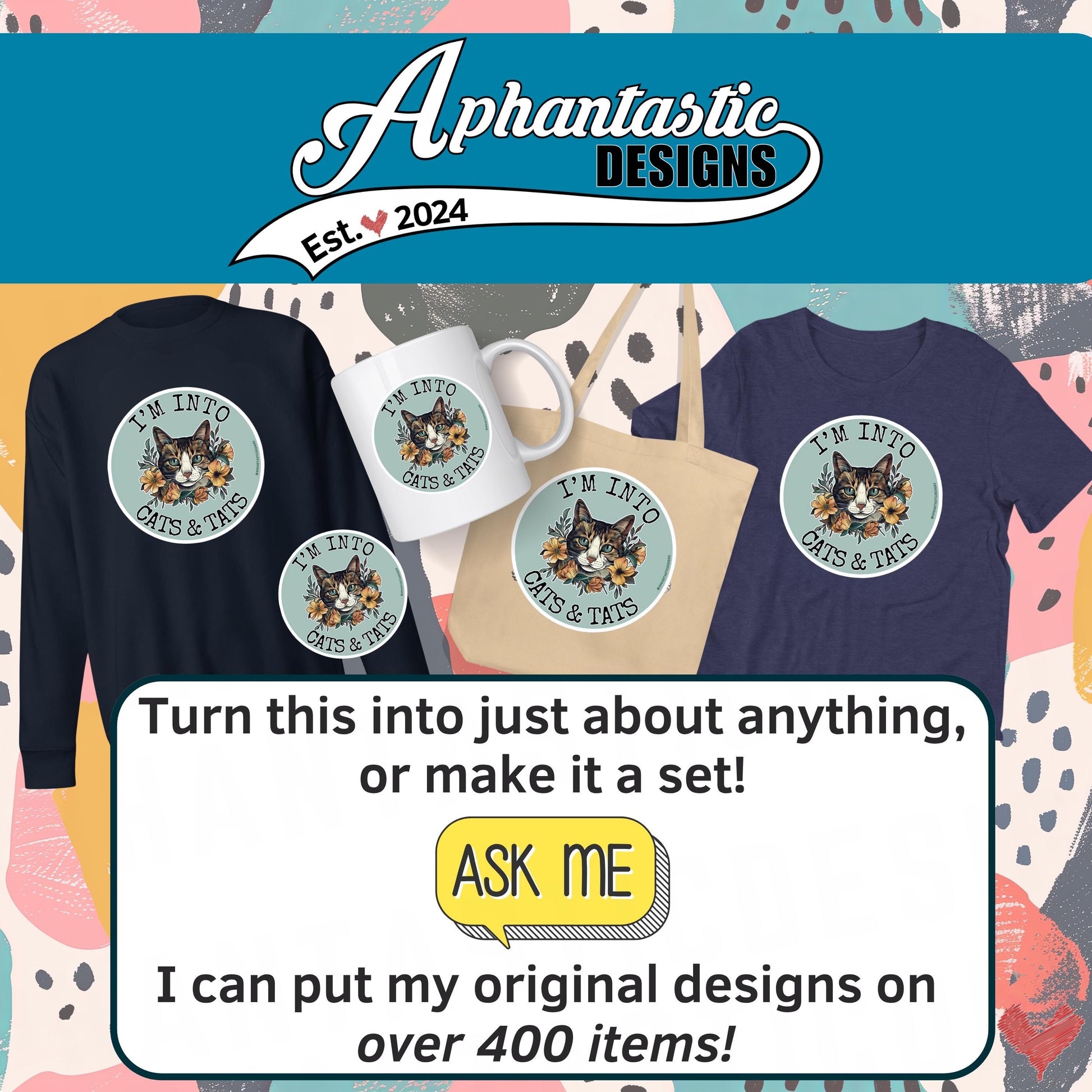 The image is an advertisement for a clothing line called "Aphantastic Designs" that features a variety of items such as t-shirts, mugs, and bags. The ad includes a message encouraging people to turn the items into something else or make a set, and it invites viewers to ask for their original designs.