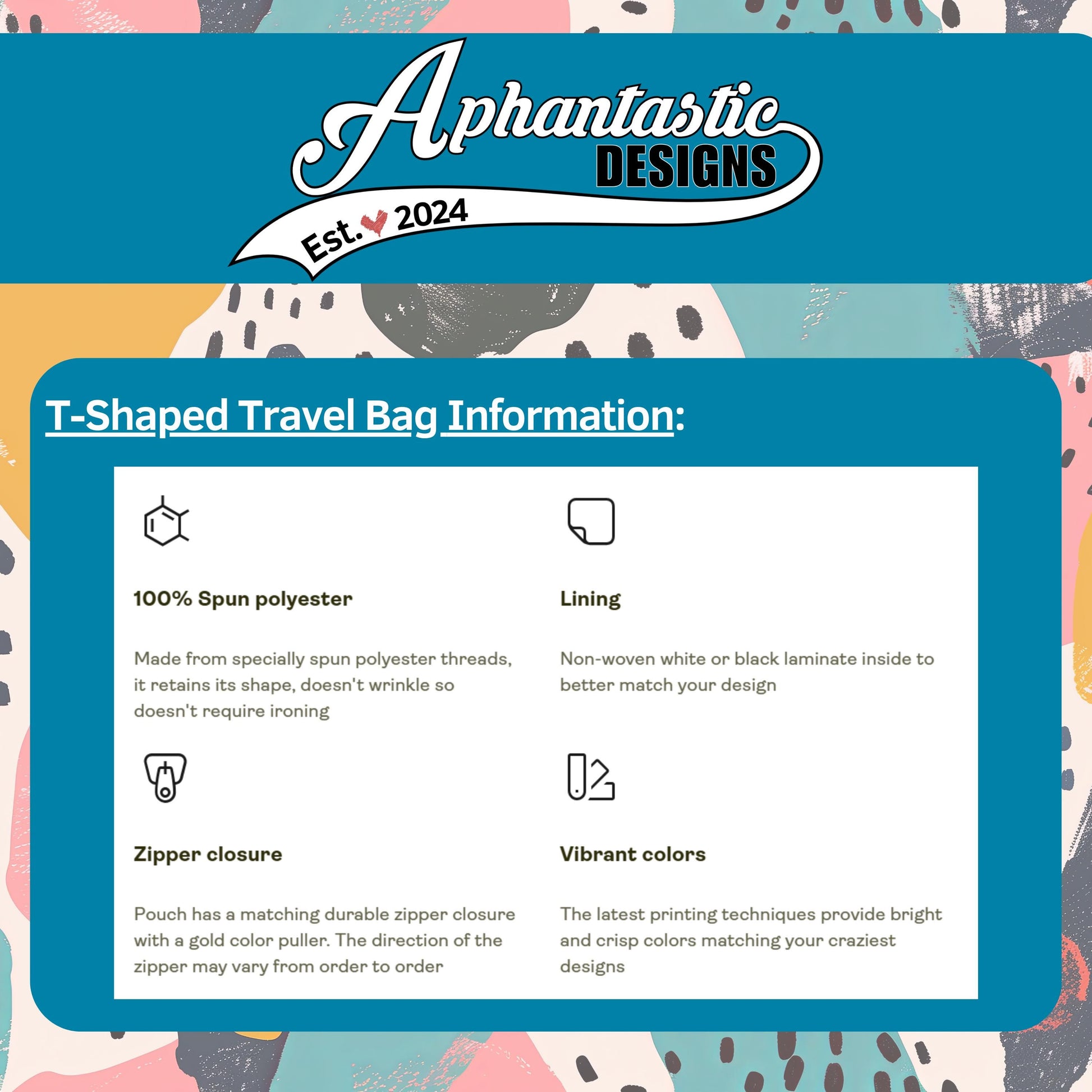 The image is a T-shaped travel bag information graphic with various features listed.