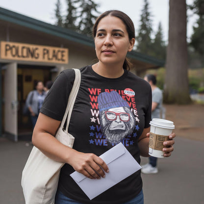 A woman wearing a black t-shirt with a graphic of a bearded man wearing glasses and holding a coffee cup, standing in front of a building with a "POLING PLACE" sign.