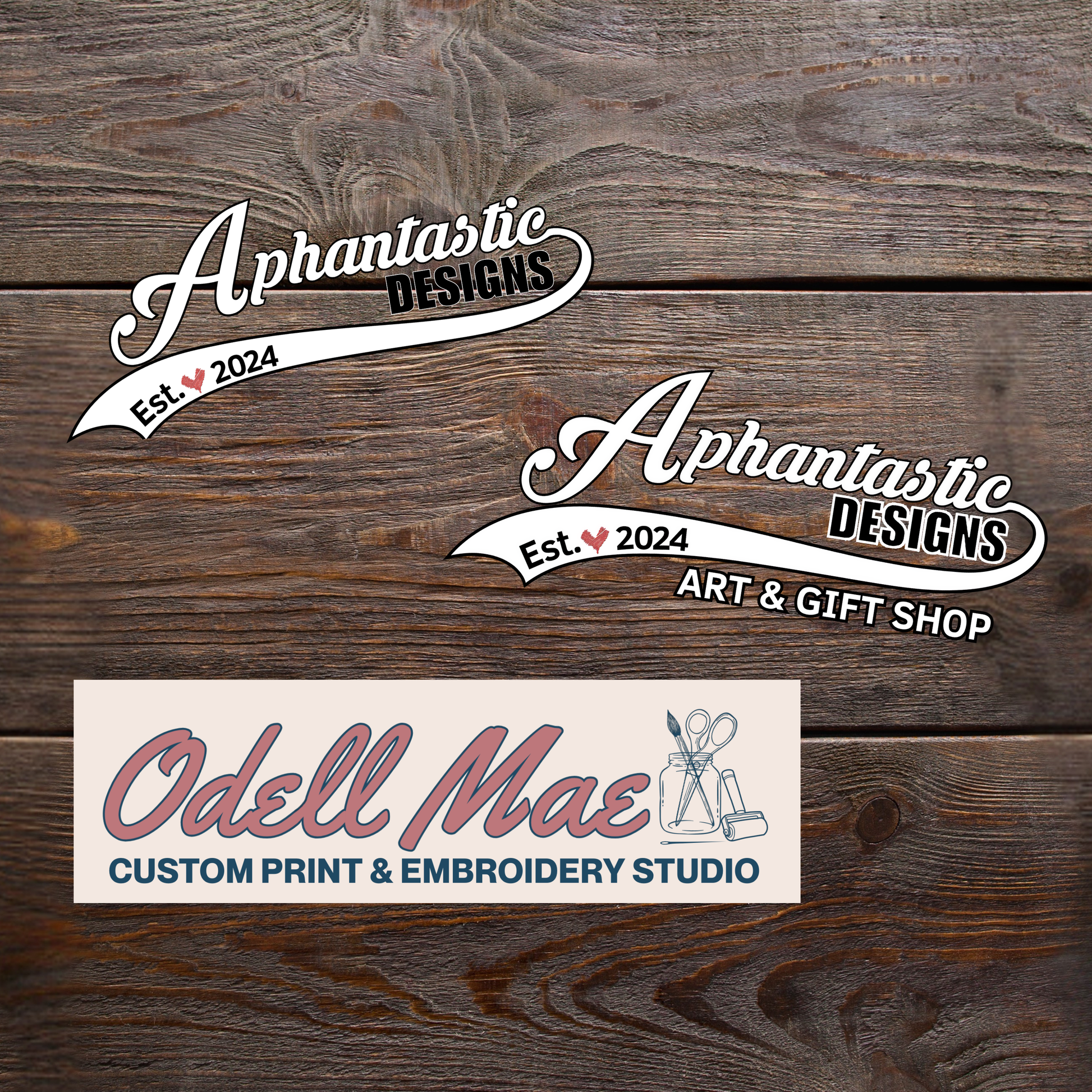 logos and text for a company called "Aphantastic Designs" and a business called "Odell Mae Custom Print & Embroidery Studio".